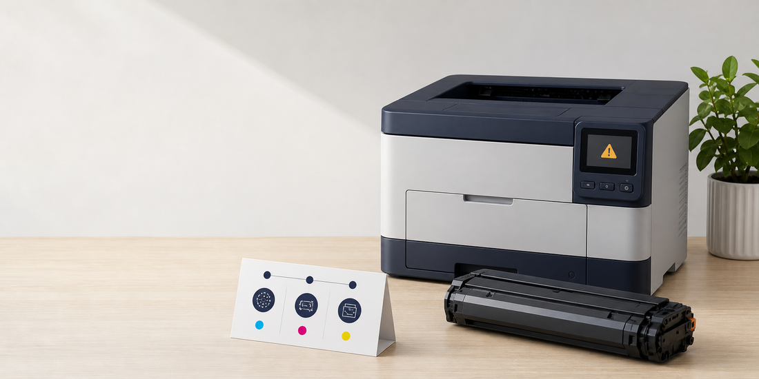 Generic laser printer showing an abstract amber alert beside a compatible toner cartridge