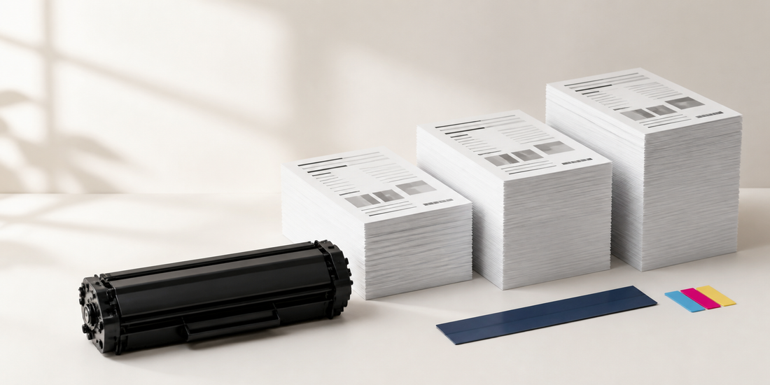 Generic toner cartridge beside symbolic stepped stacks of abstract printed pages