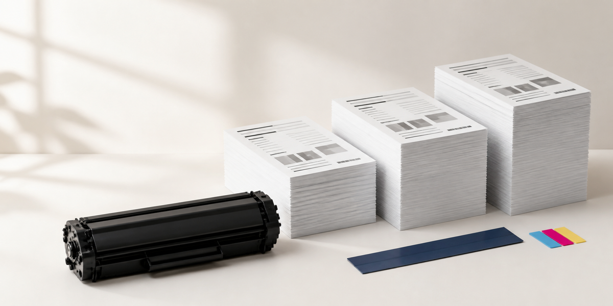 Generic toner cartridge beside symbolic stepped stacks of abstract printed pages