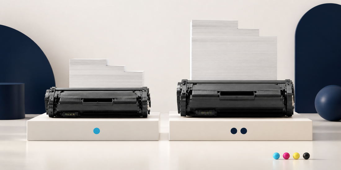 Two generic toner cartridge capacities compared with symbolic paper stacks