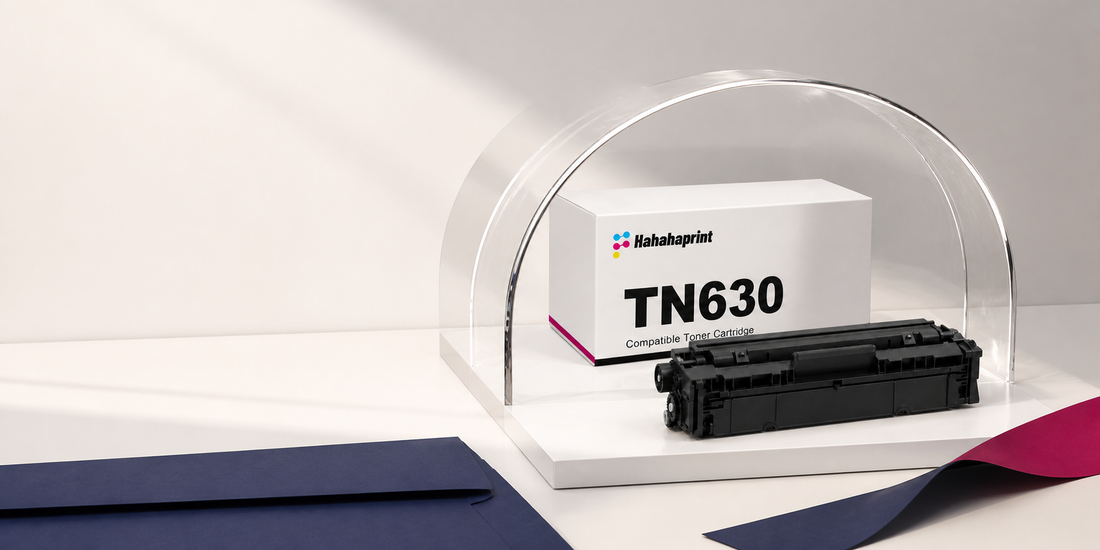 Hahahaprint TN630 compatible toner arranged beneath a clear protective arch