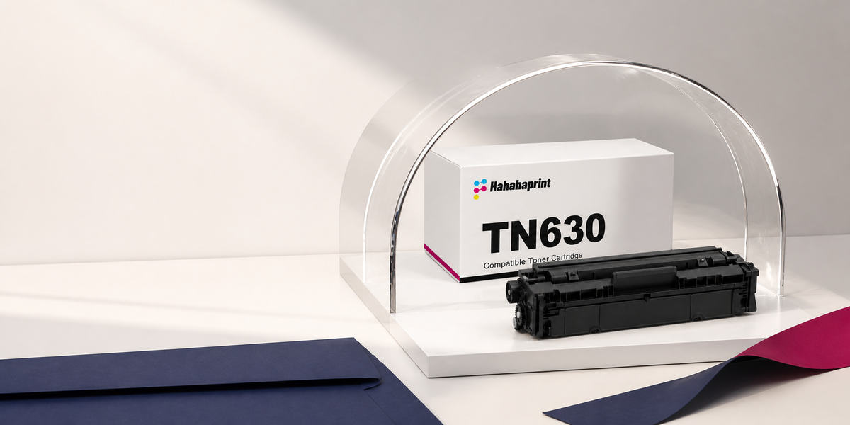 Hahahaprint TN630 compatible toner arranged beneath a clear protective arch